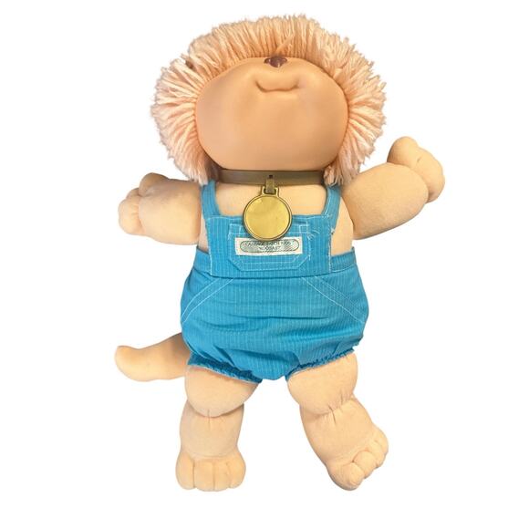 Vintage 1983 Cabbage Patch Kids Doll Koosas Puppy Dog Rare Peach Blue Overalls - Picture 1 of 7
